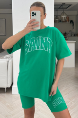 Saint green printed cycling short co-ord