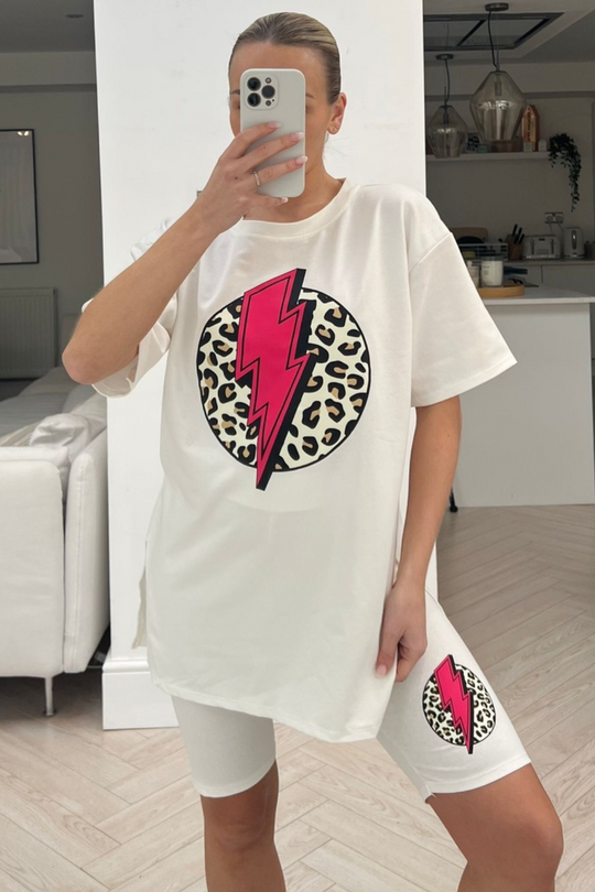 lightening leopard cream printed cycling short co-ord