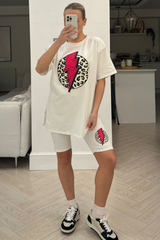 lightening leopard cream printed cycling short co-ord