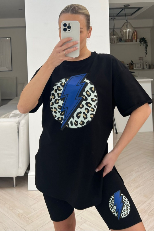 lightening leopard black printed cycling short co-ord