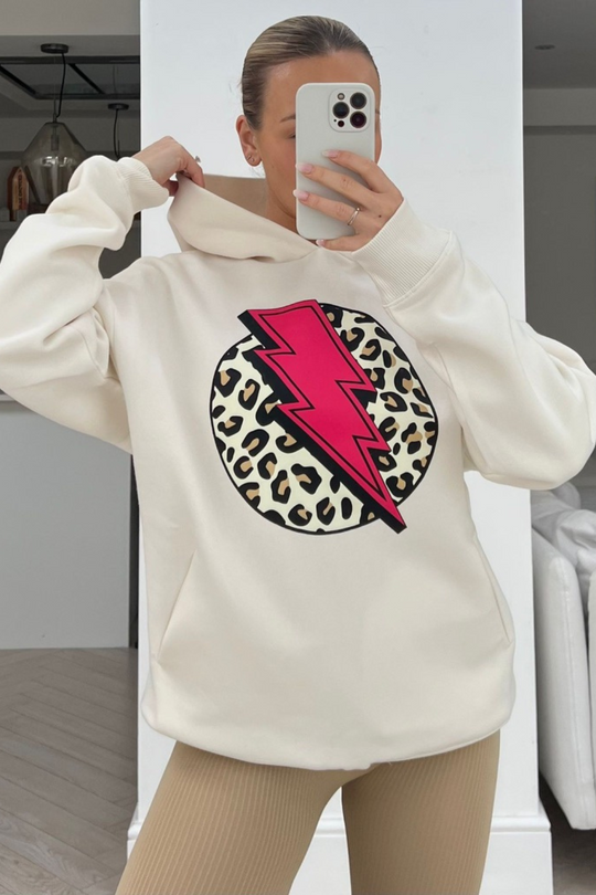 Lightening leopard premium ecru & pink printed hoodie