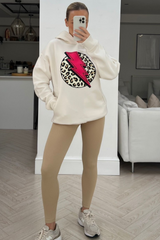 Lightening leopard premium ecru & pink printed hoodie