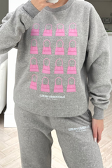luxe pink bag grey printed sweater loungewear set