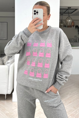 luxe pink bag grey printed sweater loungewear set