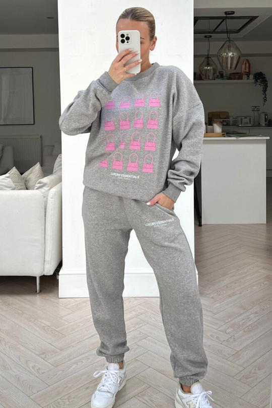 luxe pink bag grey printed sweater loungewear set