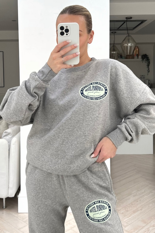 luxury ski resort grey printed sweater loungewear set