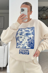 Jadore Paris blue floral box printed ecru sweater