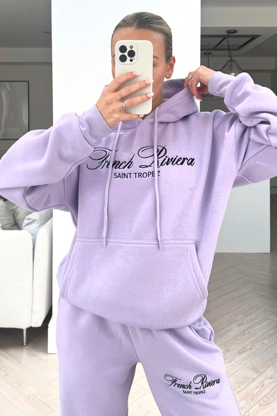 French Riviera lilac embroidered hoodie loungewear set