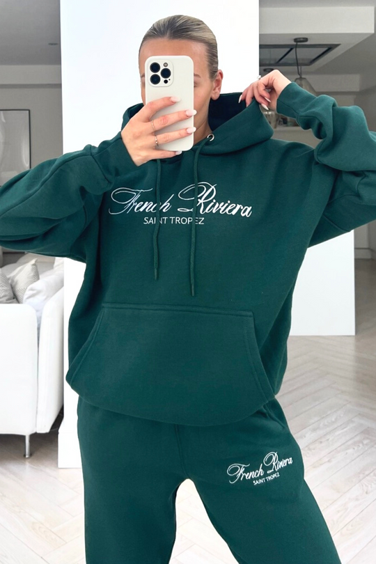 French Riviera forest green embroidered hoodie loungewear set