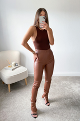 Polly Rust High Waisted Split Hem Pu Trousers