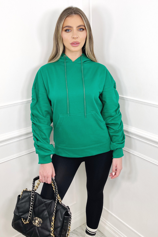 Lottie bottle green ruched sleeve oversized hoodie
