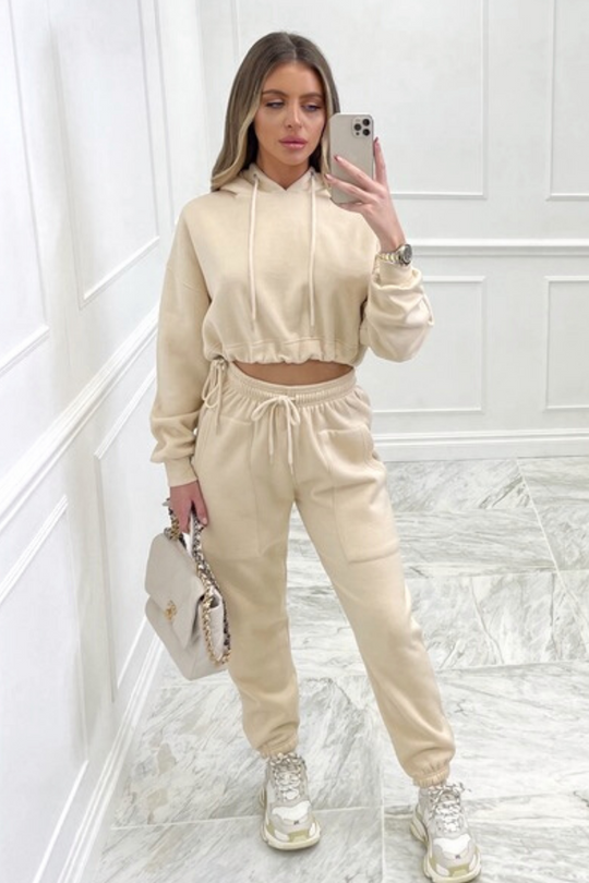Glamify Beige toggle waist hooded loungewear set