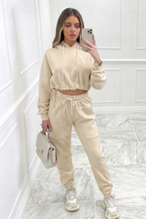 Glamify Beige toggle waist hooded loungewear set
