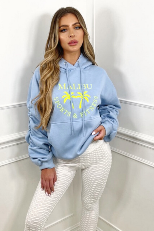 Malibu light Blue ruched sleeve embroidered oversized hoodie