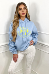Malibu light Blue ruched sleeve embroidered oversized hoodie