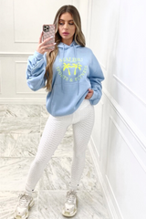 Malibu light Blue ruched sleeve embroidered oversized hoodie
