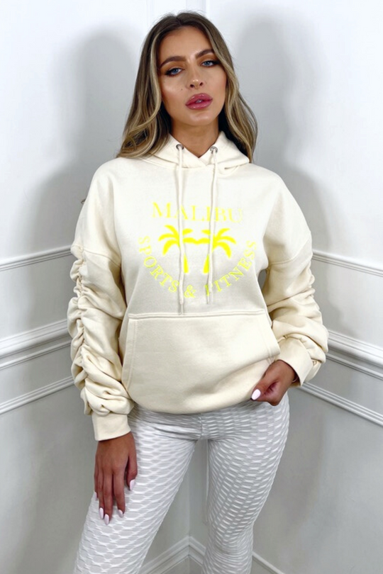 Malibu ecru & yellow ruched sleeve embroidered oversized hoodie