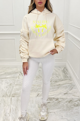 Malibu ecru & yellow ruched sleeve embroidered oversized hoodie