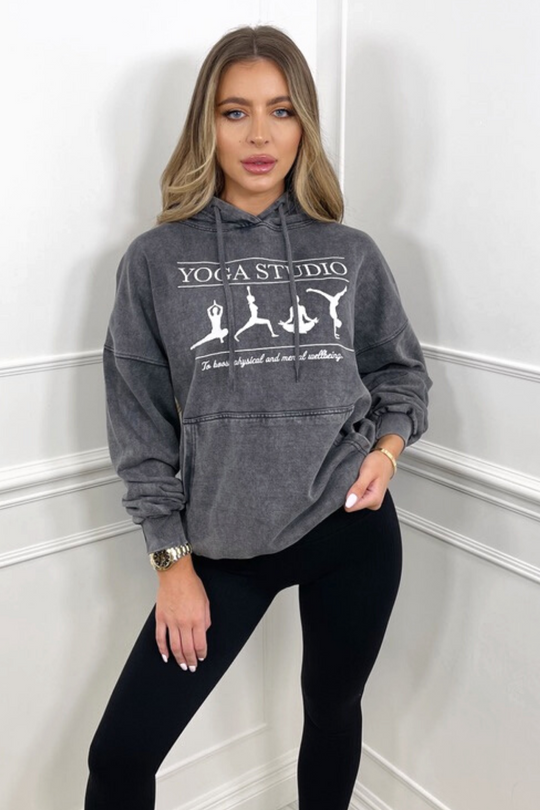 Yoga black acid wash embroidered oversized hoodie