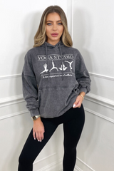 Yoga black acid wash embroidered oversized hoodie