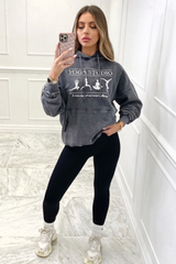 Yoga black acid wash embroidered oversized hoodie