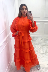 summer orange frill crotchet 2 piece tie waist maxi dress