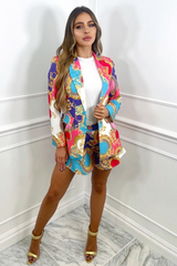 Versus fuchsia & blue pattern ruched sleeve blazer short coord