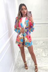 Versus fuchsia & blue pattern ruched sleeve blazer short coord