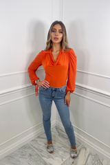 Aria orange cowl neck long sleeve bodysuit