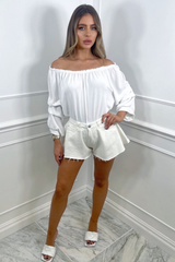 Milan White off shoulder ruched sleeve top