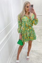 Daisy green & yellow floral button up tie waist dress