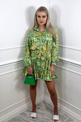 Daisy green & yellow floral button up tie waist dress