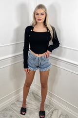 Carly black ribbed gold button long sleeve crop top