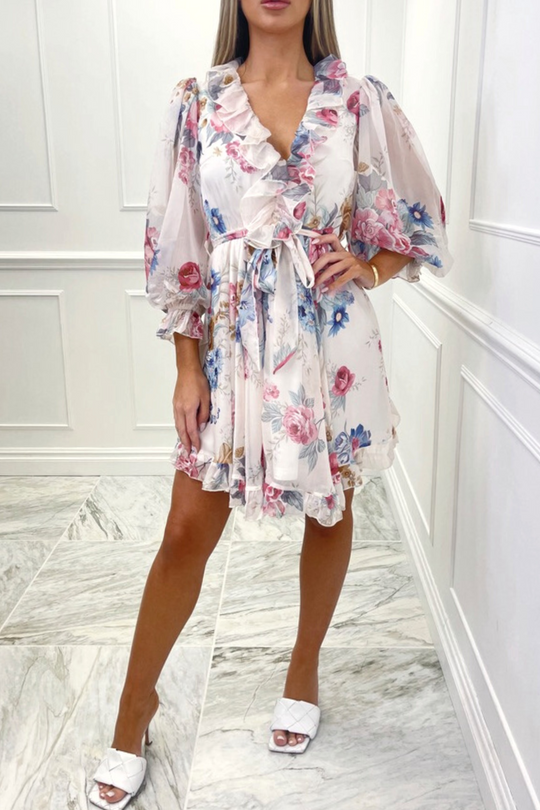 gigi blue & cream floral tie waist frill mini dress