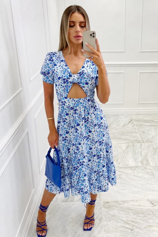 Honey blue floral cut out tiered maxi dress