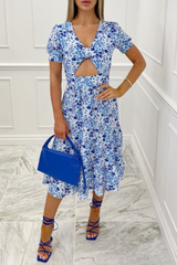 Honey blue floral cut out tiered maxi dress