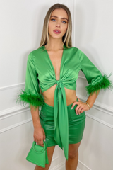 Milana green feather cuff wrap front cropped top