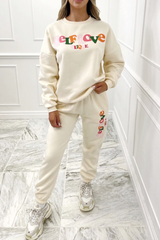 self love clique cream printed sweater loungewear set
