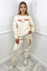 self love clique cream printed sweater loungewear set