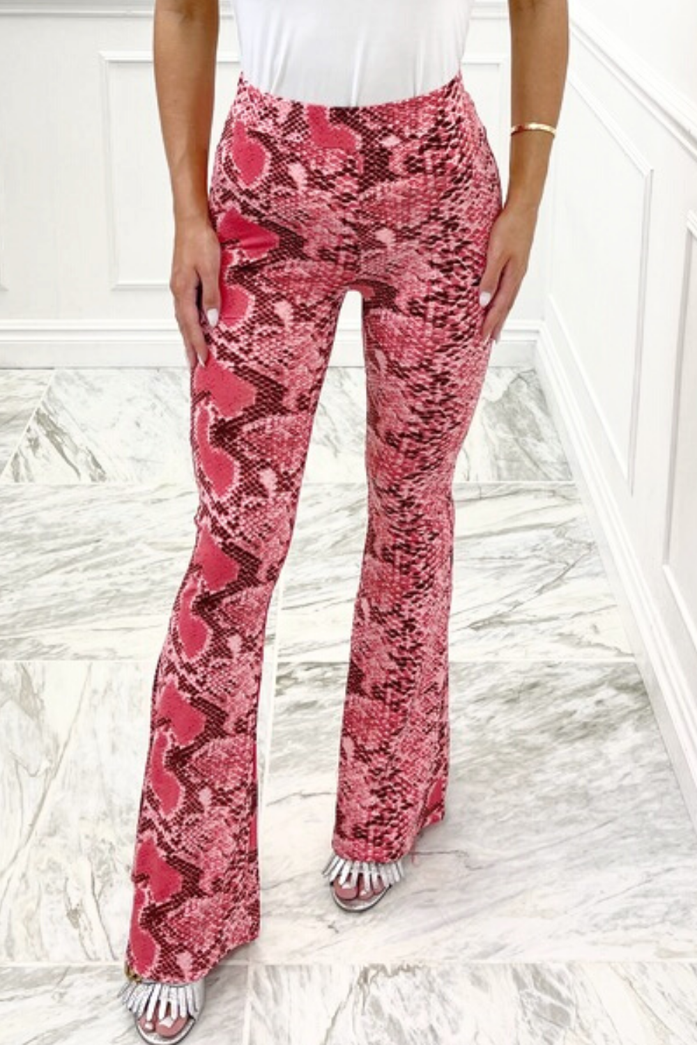 catalina pink snake print flared high waist trousers