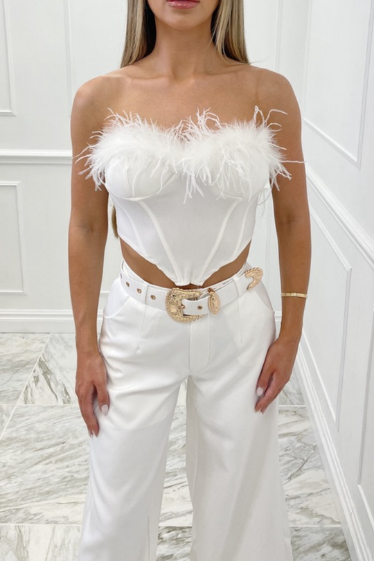 Naida white feather trim corset top