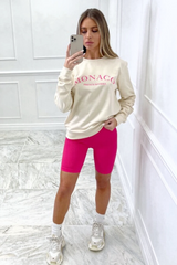 Monaco bright pink embroidered cream sweater