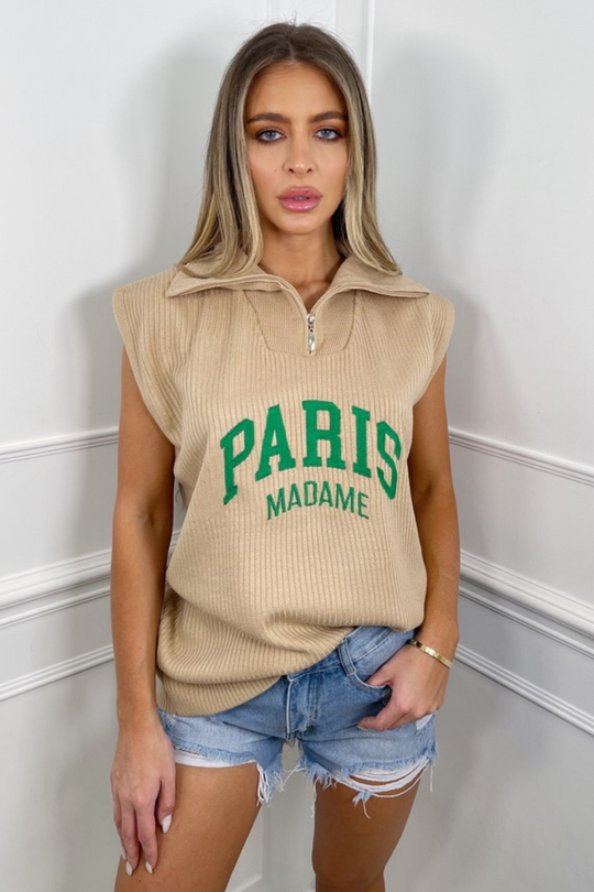 Paris madame embroidered stone High Neck Sleeveless top