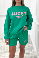 lucky you green sweater short loungewear set