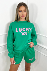 lucky you green sweater short loungewear set