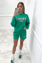 lucky you green sweater short loungewear set