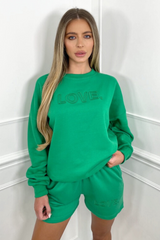 love green embroidered sweater short loungewear set