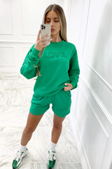 love green embroidered sweater short loungewear set