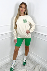 i like my outfit green printed cream sweater