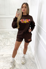self care clique chocolate brown sweater short loungewear set